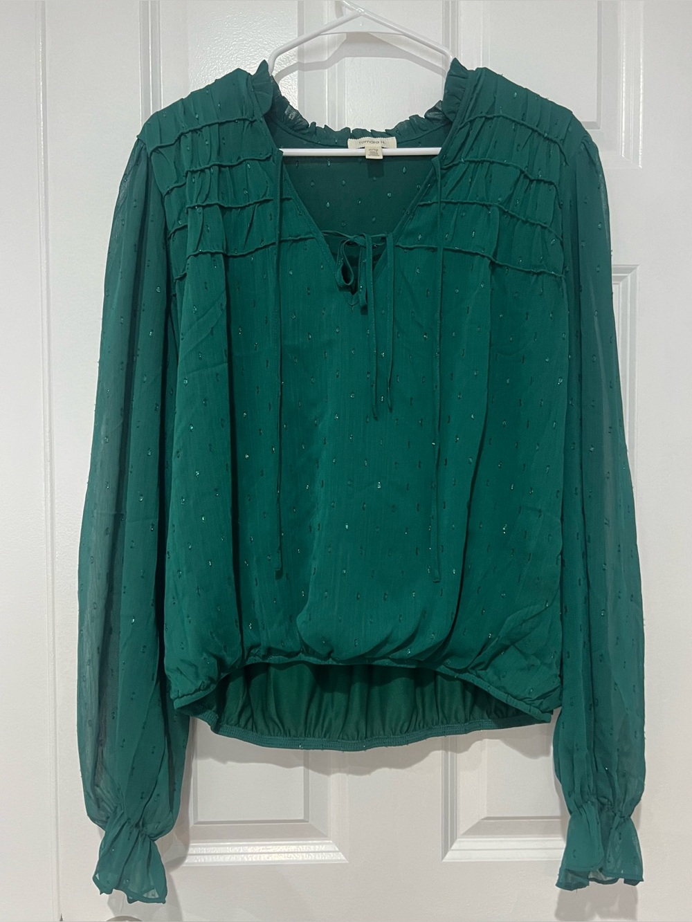 Tamara H green Woven Tie-Neck Long Sleeve Top shirt blouse XL